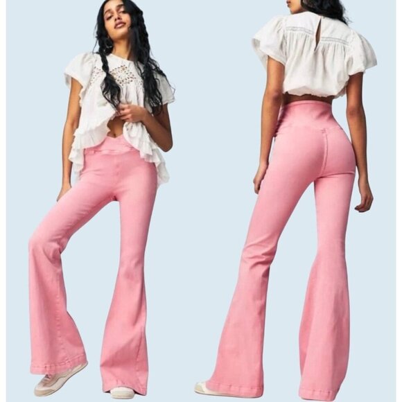 FREE PEOPLE / We the Free Pink Venice Beach Bell Bottom Flare Jeans Sz 26 - Picture 1 of 8